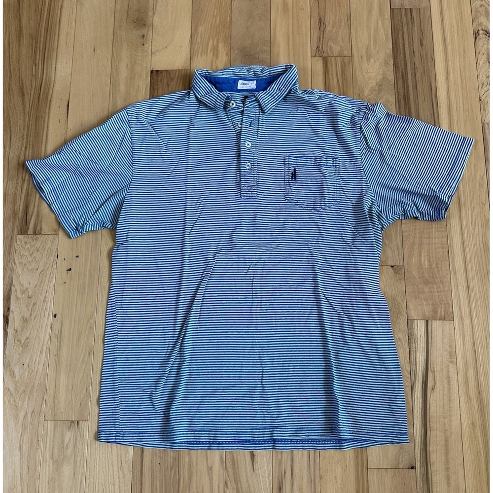 Johnnie-O Polo Shirt Mens Large Green Blue Stripe Hangin' Out Cotton Pocket